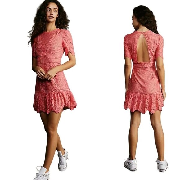 Saylor Darian Open Back Ruffle Mini Cocktail Dress Lace Crochet Coral Women XL - Picture 15 of 15